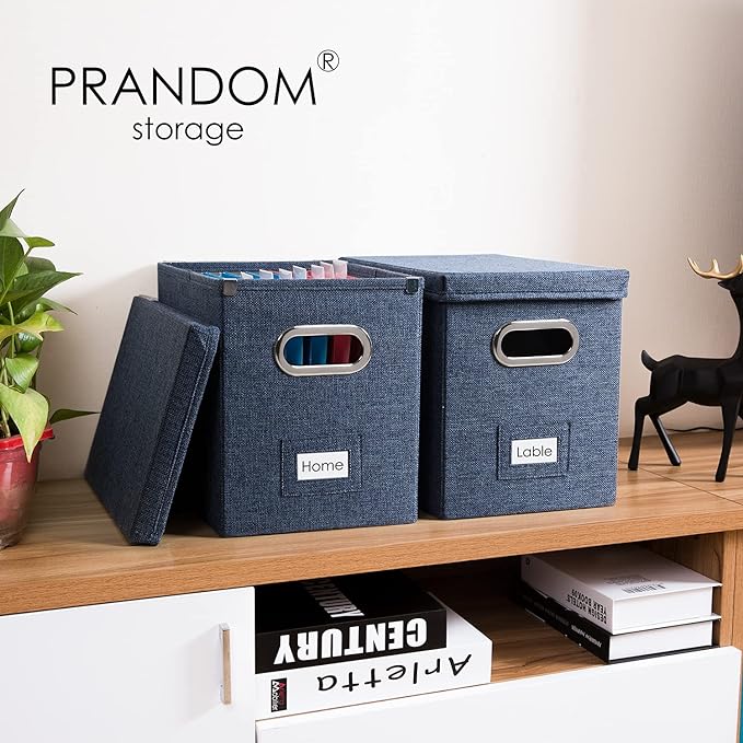 PRANDOM File Organizer Box - Set of 1 Collapsible Decorative Linen Filing Storage Hanging File Folders with Lids Office Cabinet Letter Size Navy Blue (14x9.3x10.8 inch)
