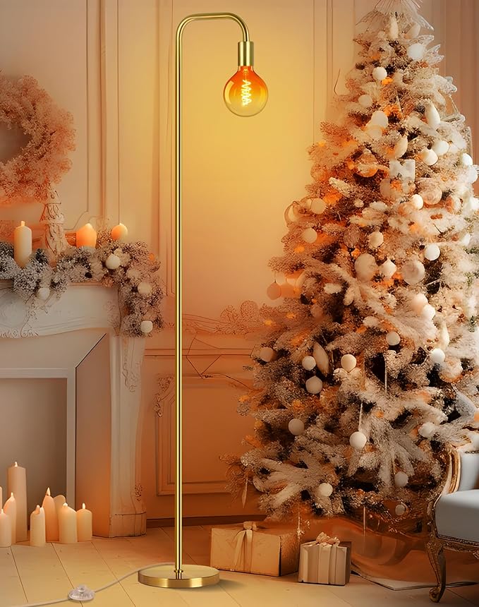 QiMH Floor Lamp for Living Room, Minimalist Industrial Standing Lamp with Clear Globe Glass LED Bulb, 2200K Warm Ambiant Lighting Decorative Modern Tall Lamp for Bedroom Office, Brushed Gold