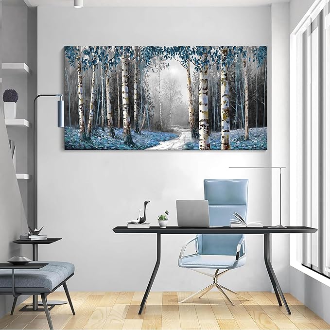 HKDGOKA Large Canvas Wall Art - Gray Blue Tree Abstract Canvas Painting Textured Picture, Modern Landscape Artwork Framed for Living Room Bedroom Bathroom Office Home Decor 58"x29"