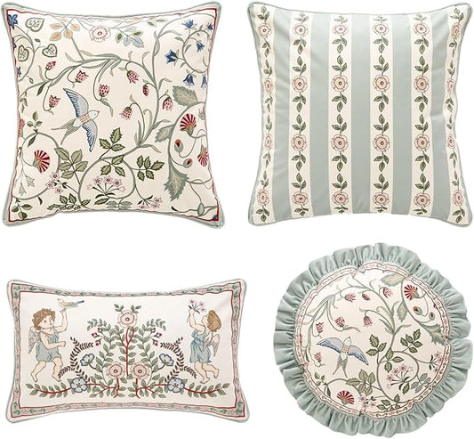Throw Pillow Covers Pack of 4,Green Cozy Velvet Farmhouse with Birds and Floral Pattern Pillowcases,Decoration Square Round Lumbar Pillows Cushion Covers for Couch Sofa Bed Car Chair