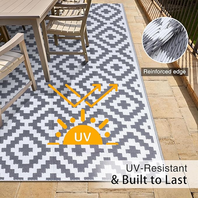 OLANLY Waterproof Outdoor Rug 4x6 ft, Outdoor Plastic Straw Rug for Camping, RV Mat Outside, Outdoor Carpet for Porch, Deck, Backyard, Balcony, Picnic, Grey & White