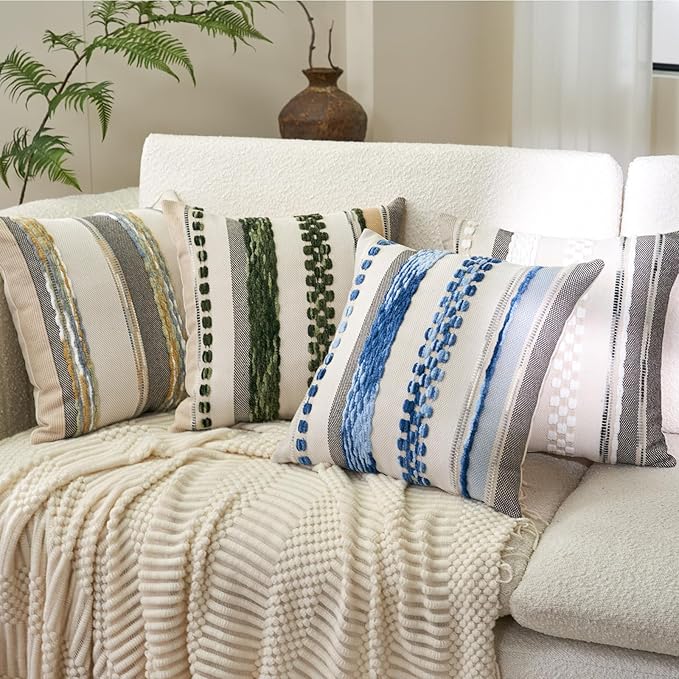 Aeckself Boho Throw Pillow Covers 18x18 Inch Set of 2, Farmhouse Decorative Striped Square Pillow Covers Chenille Tufted Pillow Cases Accent Neutral Pillowcase for Living Room Couch Bed, Gray