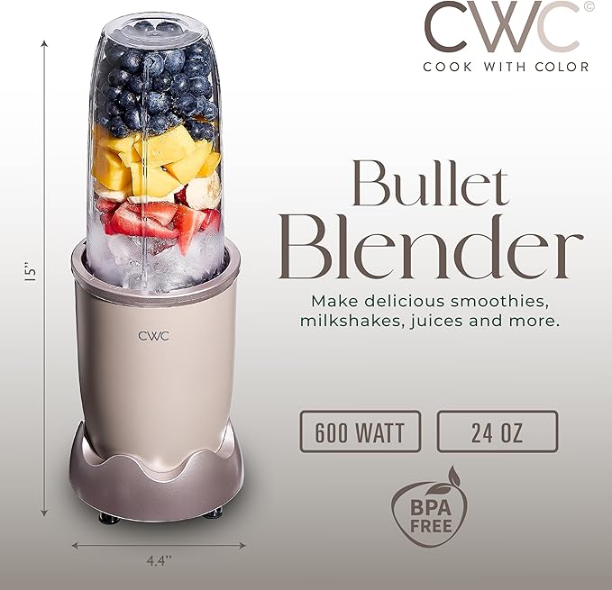 COOK WITH COLOR Personal Power Blender 600W, 24oz Capacity, BPA-Free Jar, Ice-Crushing Blades, Ideal for Smoothies & More, Anti-Slip Feet, Easy to Clean, Goat/Mink