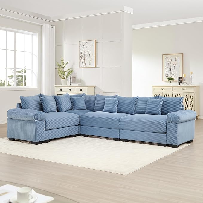 KEIKI 117" L-Shaped Oversized Corduroy Modular Cloud Sectional Sofa with High-Density Foam Cushion, Extra-Thick Armrest, Convertible 4-Seater Fluffy Corner Couch with 14 Pillow, for Living Room, Blue