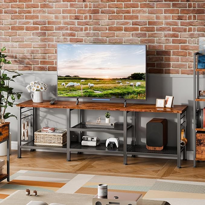 Furologee TV Stand for TVs up to 65 Inch, Entertainment Center with Open Storage Shelves, 55 Inch Television Stands with Soundbar Shelf for Living Room, Bedroom, Rustic Brown