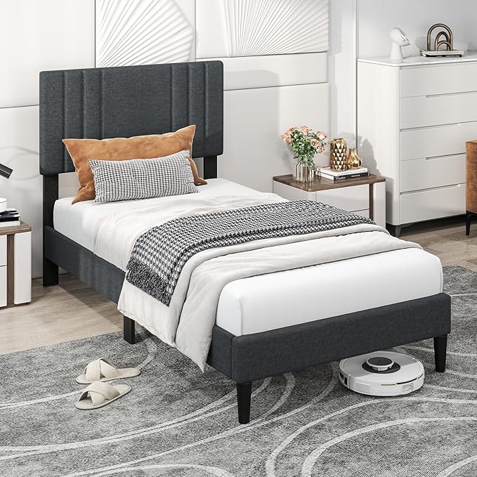 Giantex Twin Bed Frames with Headboard, Modern Upholstered Platform Bed Frame with Vertical Channel Tufted Headboard, Wooden Slats Support, No Box Spring Needed, Gray