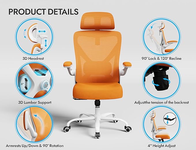 Ergonomic Office Chair - X-Shaped Computer Desk Chair Comfy, Gaming Chair, Office Chair with Lumbar Support, Mesh Office Chairs with Headrests, Desk Chair for Long Hours(White-Orange)