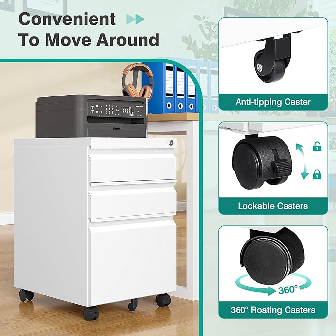 3 Drawer File Cabinet with Lock,Under Desk File Cabinet with Wheels,White Rolling File Cabinet,Three Drawer Metal Filing Cabinet for Home Office,Fit A4/Letter/Legal File,Fully Assembled Except Casters