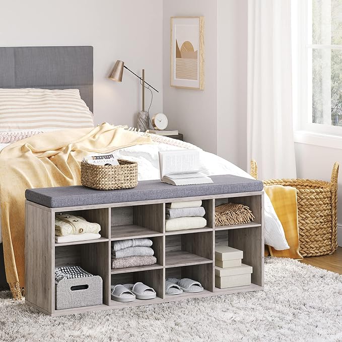 DINZI LVJ Shoe Storage Bench with Cushion, Cubby Rack with 12 Cubbies, Adjustable Shelves, Multifunctional Organizer Bench for Entryway, Mudroom, Hallway, Closet and Garage, Greige