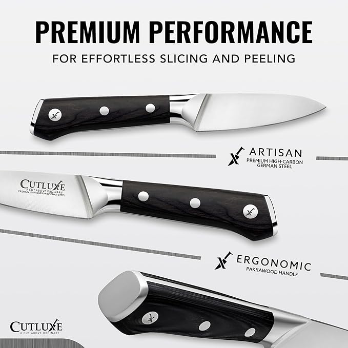 Cutluxe Paring Knife, 3.5" Small Kitchen Peeling Knife with Razor Sharp Blade – High Carbon German Steel, Full Tang, Ergonomic Handle Design – Artisan Series
