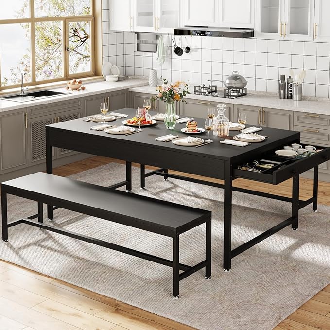 Loomie 63" Dining Table Set for 4-6, 3-Piece Kitchen Table with 2 Utensil Drawers, 2 Benches & Wine Rack, Modern Space Saving & Heavy Duty Dinner Table Set with Metal Frame & MDF Board,Black