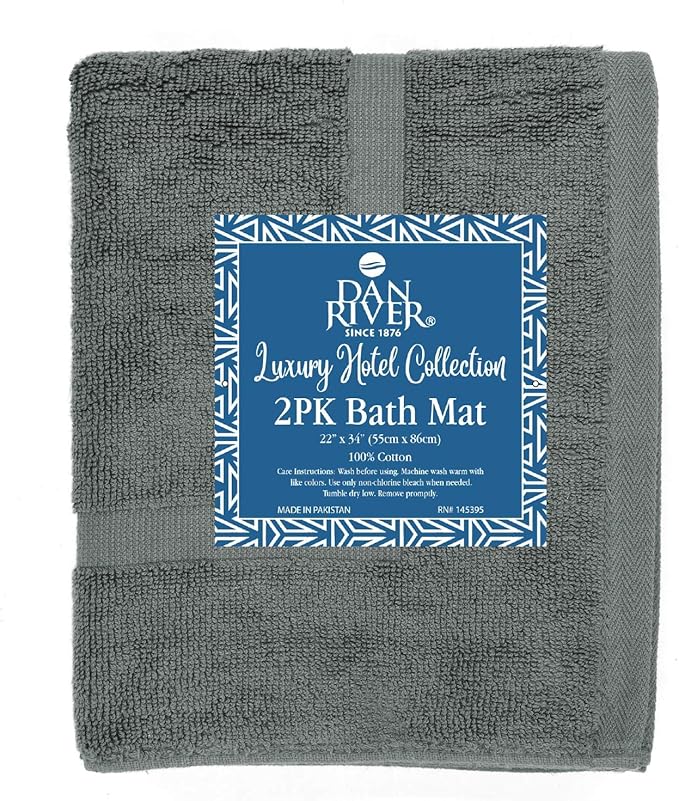 DAN RIVER Classic Bath Mat - Gray, 100% Ring Spun Cotton, Pack of 2, 21x34 inches, 800 GSM, Non-Slip, Absorbent, Quick Drying, Machine Washable Bathroom Floor Mats for Shower, Kitchen & Bath