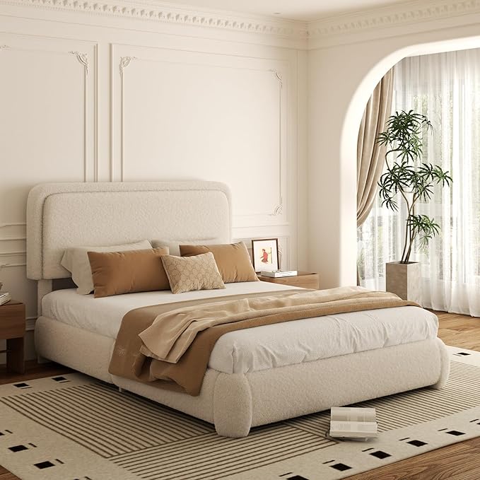 Full Bed Frame, Teddy Velvet Boucle Bed Frame with 43.3"/45.3" Adjustable Upholstered Headboard, Rounded Corners, Mattress Foundation, No Box Spring Required, Beige