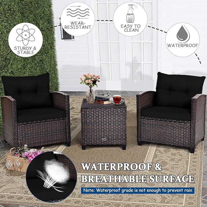 Tangkula 3 Pieces Patio Furniture Set, PE Rattan Wicker 3 Pcs Outdoor Sofa Set w/Washable Cushion and Tempered Glass Tabletop, Conversation Furniture for Garden Poolside Balcony (Black)