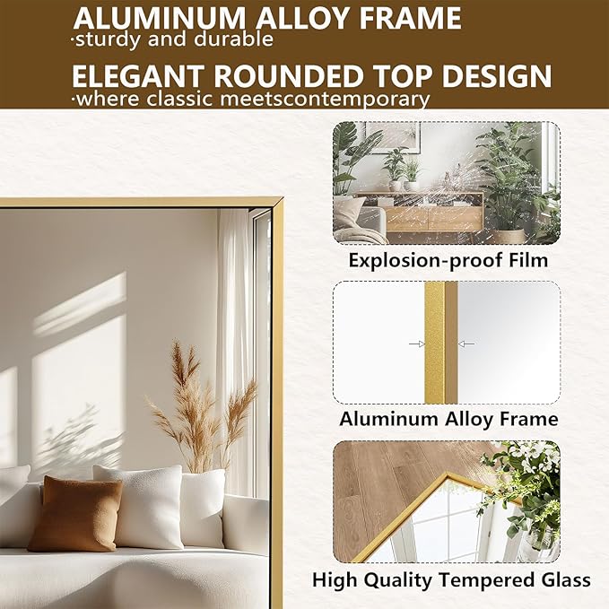 Koonmi Large Mirrors, 64"x21" Full Length Mirror with Stand, Full Body Mirror with Aluminum Alloy Frame, Hanging or Leaning Against Wall Floor Standing Mirrors for Bedroom Living Room, Gold