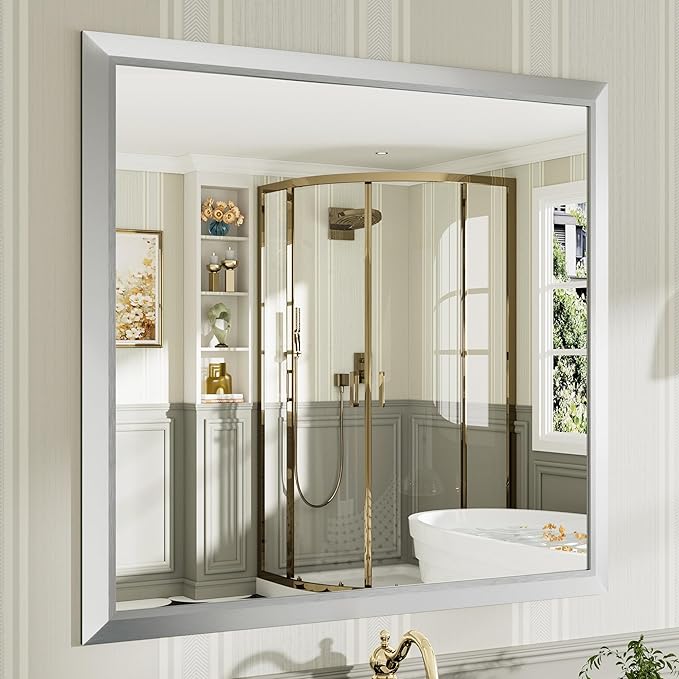 40x38 Inch Silver Bathroom Mirror for Wall, Thick Metal Framed Rectangle Mirrors for Over Sink, Bedroom, Living Room, Entryway, Anti-Rust, HD Tempered Glass