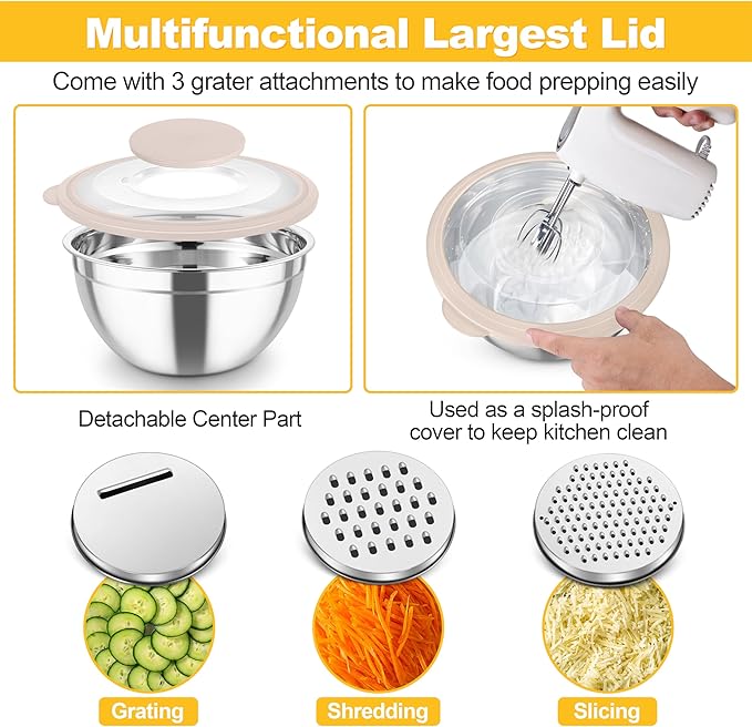 TeamFar Mixing Bowls, Stainless Steel Salad Serving Bowl with Clear Lids & 3 Graters, For Kitchen Cooking Prepping Storing, Size 4.6/2.6/1.5/1/0.7 QT, Nesting & Airtight, Set of 5 & Multicolor