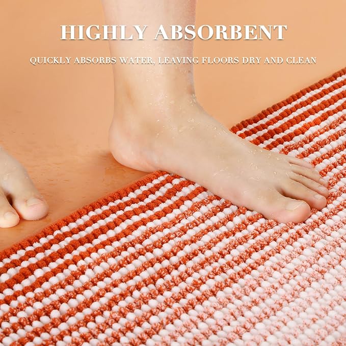 Bathroom Rugs and Mats Sets, 2 Piece Thick Absorbent Chenille Bath Mat Rug Set Non Slip, Soft Shaggy Bath Room Floor Mats for Bathroom, Machine Washable (Sunset Orange, 20" x 60" Plus 20" x 32")