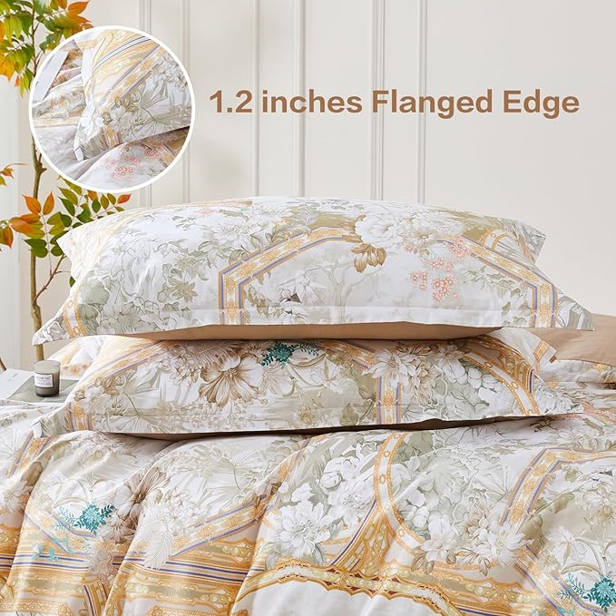 SAPHREAS Gold Floral Duvet Cover Set 3pcs Full Size White Flower Botanical Blossom Bedding Comforter Cover Set 100% Cotton 1 Duvet Cover 2 Pillow Shams, Comforter Not Included