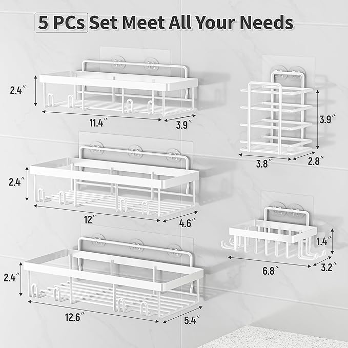 5 Pack Shower Caddy Organizer Rack Shelf for Inside Shower, Self Adhesive Wall Storage Basket Rustproof Stainless Steel Shampoo Holder Bathroom Accessory Decor Set, White