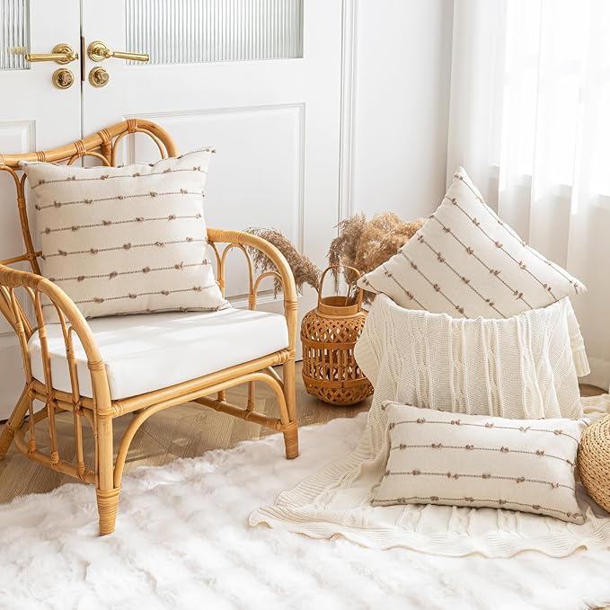 Boho Throw Pillow Covers 24x24 Set of 2 Modern Farmhouse Decorative Cushion Case Tufted Square Pillows Cover Neutral Pillow Cases Accent Pillowcase for Sofa,Couch,Bed,Beige and Khaki