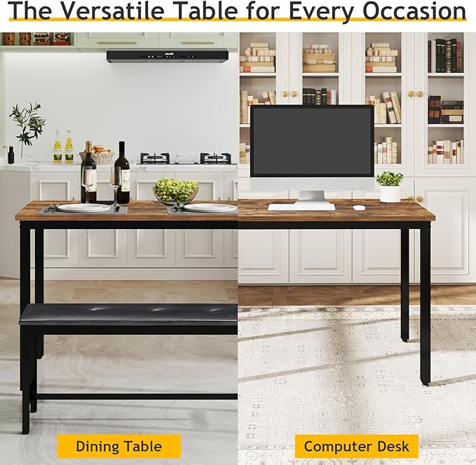 Rovibek Dining Room Table Bench Set for 4, Modern Space Saving Kitchen Table with with 2 Upholstered Benches & Adjustable Feet, Wooden Breakfast Table, 43", Brown