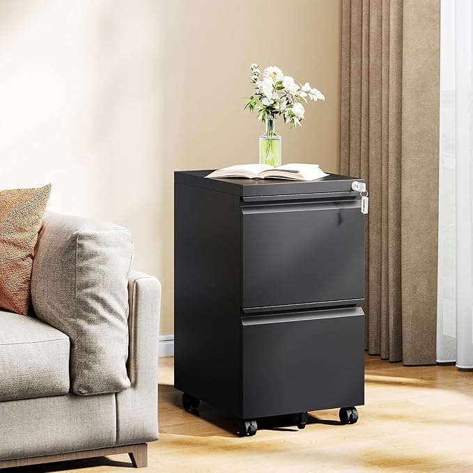 MIIIKO 2 Drawer File Cabinet on Wheels, Home Office Mobile File Drawers Under Desk, Filing Cabinets with Drawers for Legal/Letter/A4 File Folders(Black),Un-Assembled