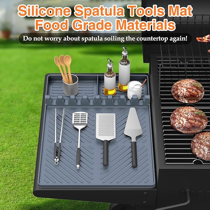 Silicone Griddle Tools Mat for Blackstone, Griddle Accessories Side Shelf Mat Grill Pad for Outdoor Grill Kitchen Counter Spatula Silicone Mat with Drip Pad (Grey)