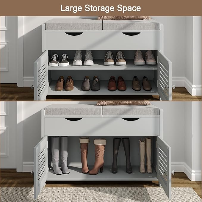 ChooChoo Shoe Storage Bench with Lift Top Storage, Entryway Bench with 2 Cushioned Seats, 3 Compartments, Adjustable Shelf, Shoe Cabinet for Entryway, Bedroom, Living Room, Grey