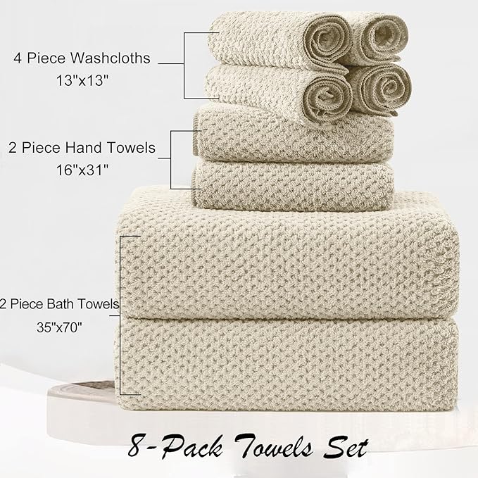 8 Piece Large Camel Family Bath Towel Set-2 Oversized Bath Towel Sheets,2 Hand Towels,4 Washcloths-600GSM Soft Highly Absorbent Quick Dry Beach Chair Towel Woven Towels for Bathroom Hotel and Spa