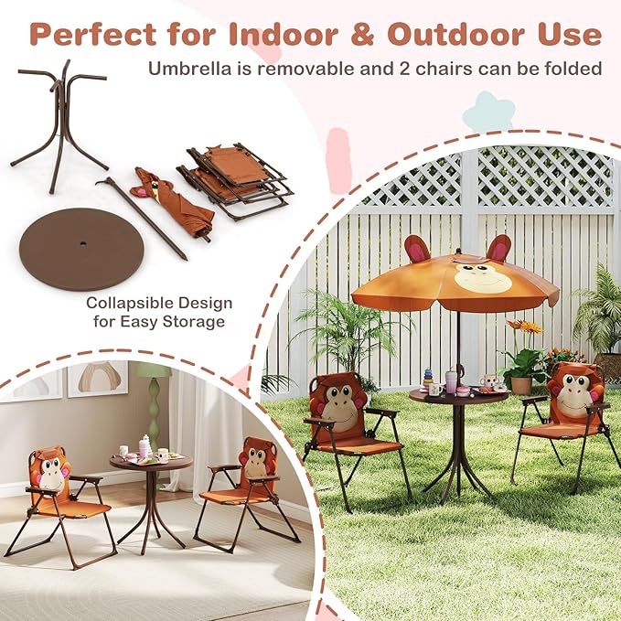 Costzon Kids Picnic Table, Kids Outdoor Table with 2 Folding Chairs, Height Adjustable Umbrella, Portable Children Outdoor Furniture for Patio, Garden, Backyard (Brown)