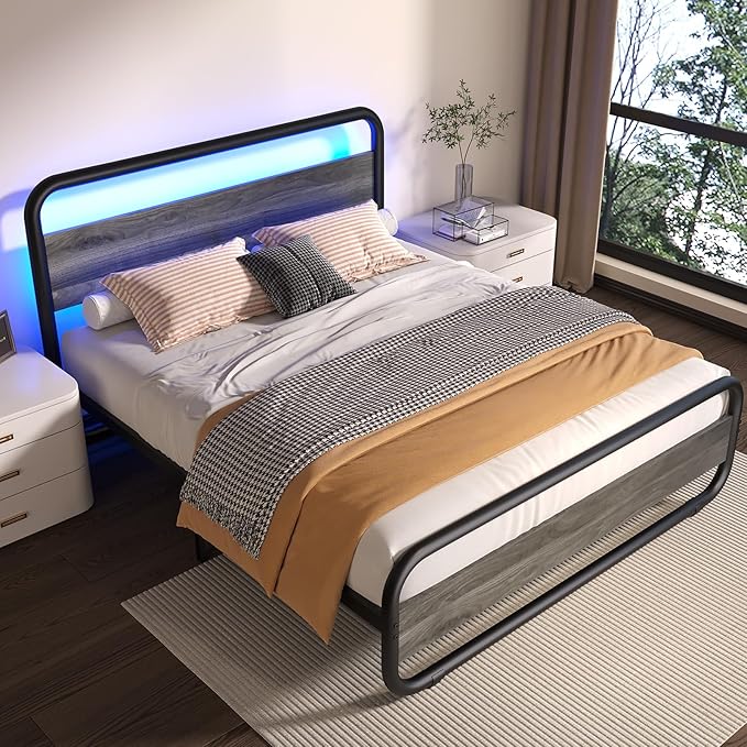 Catrimown Full Size Bed Frame, Metal Full Bed with LED Light and Under Bed Storage, Heavy Duty Platform Bed Frame with Wood Headboard, Noise Free, No Box Spring Needed