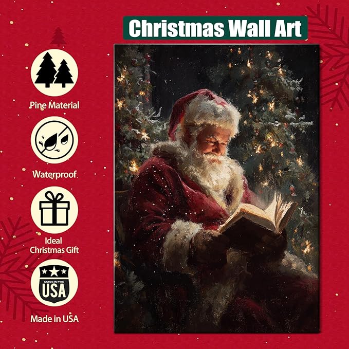 Vintage Santa Claus Reading Canvas Wall Art - Rustic Framed Christmas Canvas Prints for Living Room, Cozy Winter Wall Decor, Ideal Christmas Gifts & Festive Decorations