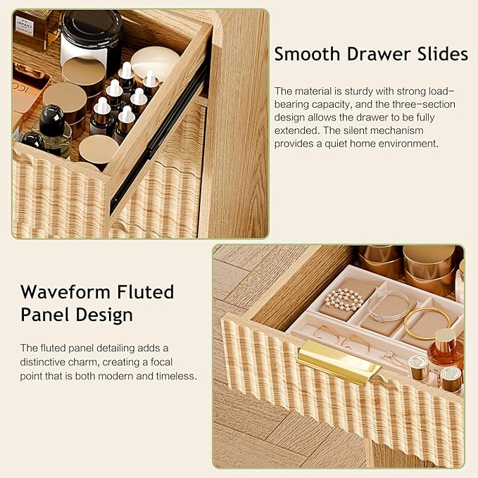 47“Makeup Vanity Desk with 44.8" Mirror and Lights, Vanity Desk with 7 Drawers, Makeup Vanity Table with a Glass Tabletop, 3 Color Modes & Adjustable Brightness Dressing Table, Bedroom,Oak