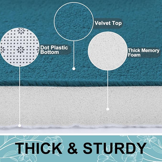 Smiry Memory Foam Bath Mat 47x32, Extra Soft and Absorbent Bathroom Mats, Non Slip Washable Carpet for Floor, Shower and Tub, Peacock Blue