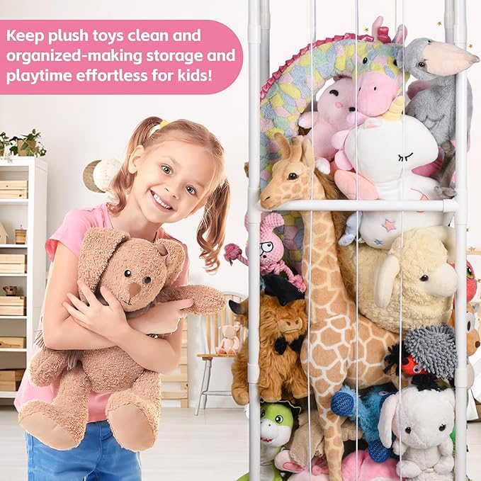 Stuffed Animal Storage Zoo with Wheels, Large Plush Toy Organizer for Kids - Extra Wide PVC Stuffed Animal Holder with Elastic Cords & Mesh Net, Nursery Playroom Toy Cage for Boys Girls Toddlers