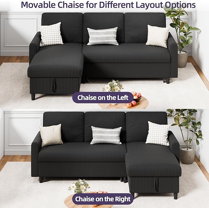 Sofa Bed Sleeper Pull Out 2 in 1 Sectional Sleeper Sofa Couches with Storage, Pullout Sectional Couches for Apartment Living Room,Black