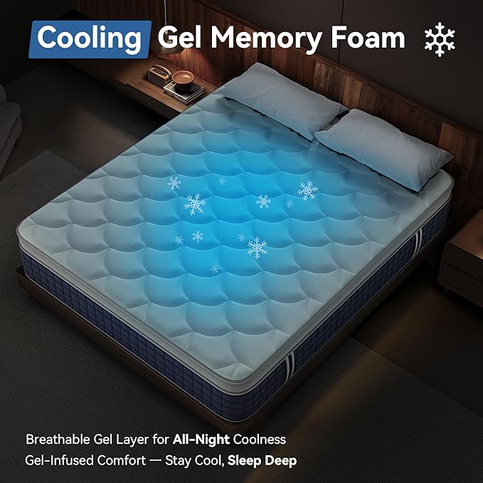 Full Mattress, 12 Inch Hybrid Mattress in a Box, Gel Memory Foam, Individually Wrapped Springs, Medium Firm, Edge Support, Motion Isolation, Pressure Relief, CertiPUR-US Certified, Blue & White