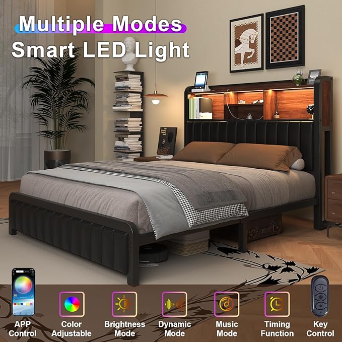 Queen Bed Frame 54.3" Tall with 3-Tier Storage Headboard and Charging Station, Metal Platform Bed Frame with LED Lights and PU Leather, Noise-Free, Metal Support, No Box Spring Needed, Black