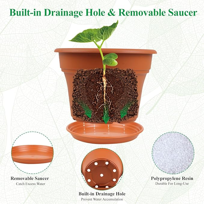 8 Inch Plastic-Flower Pot-for-Indoor Plants, 4 Pack Large Outdoor Planter Pot with Drainage Holes & Saucers, Resin Decorative Garden Pots Planters