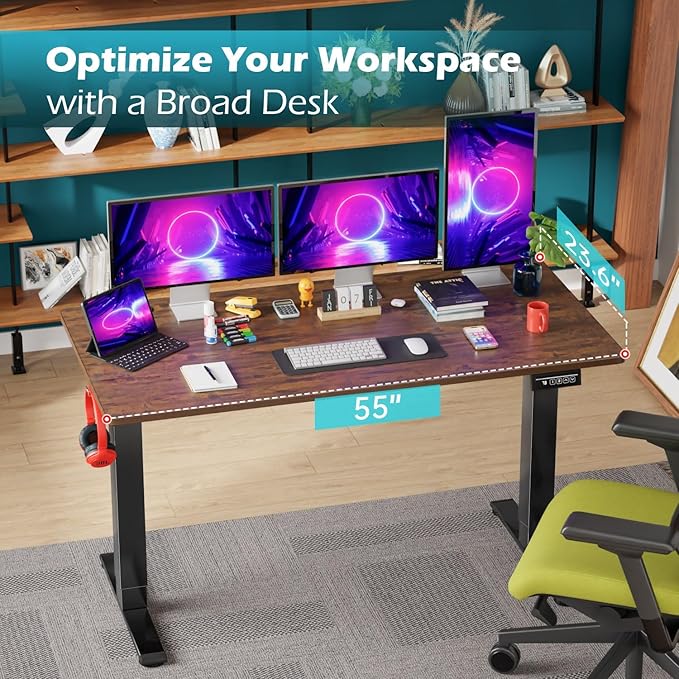 PayLessHere 55 Inch Electric Standing Desk Computer Desk with Large Space and Headphone Holder Office Desk with Electric Lifting and 2 Memory Function for Office Meeting Room,Brown