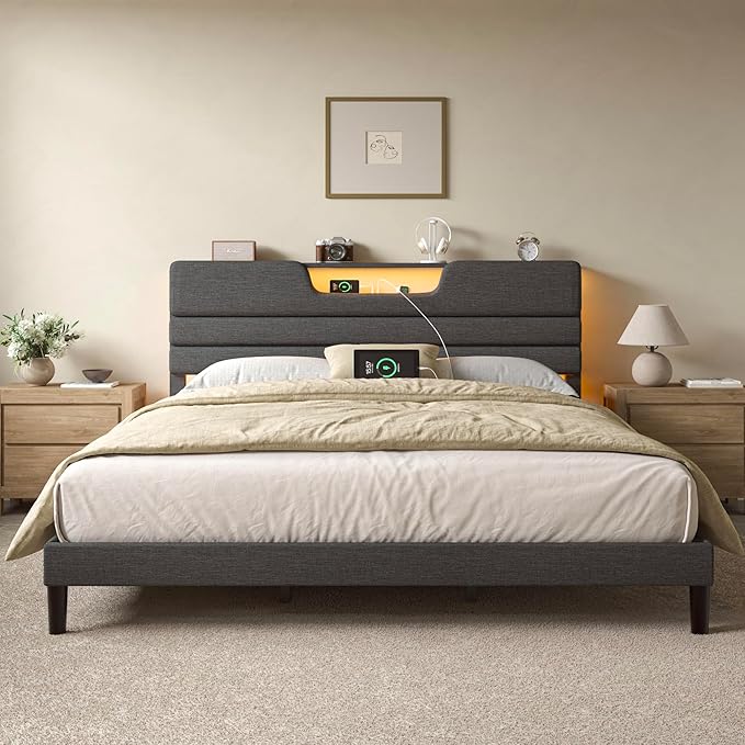 King Size Bed Frames with Upholstered Headboard, Modern Platform Bed with Charging Station and Led Lights, Bed Frame with Sturdy Wooden Slats/No Box Spring Needed/2-Tier Storage, Grey
