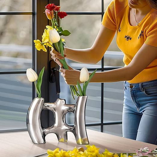 Silver Vases Home Decor, Irregular Ceramic Flower Vase, Wabi Sabi Decor Handmade Vase, Coffee Table Decor for Bedroom, Office, Living Room, Bathroom, Chrome Decorations