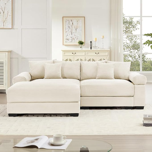 KEIKI 83" L-Shaped Oversized Corduroy Modular Sectional Loveseat Sofa with 1 Ottoman, High-Density Foam Cushion, Extra-Thick Armrest, 2-Seater Fluffy Corner Couch with 6 Pillow, for Living Room, Beige