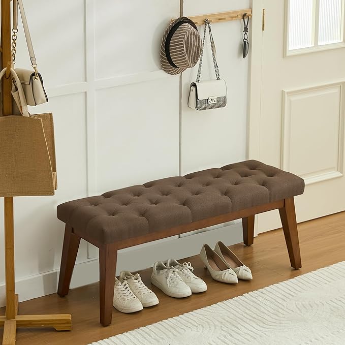 43.5'' Linen Bedroom Bench, Upholstered End of Bed Bench with Tufted Button, Padded Vintage Dining Bench, Entryway Bench with Solid Wood Legs, Kitchen, Living Room, Hallway, Brown Tufted