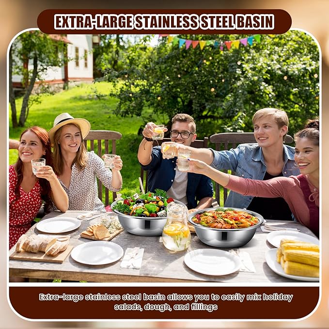 Nuogo 4 Pcs Stainless Steel Mixing Bowls Metal Mixing Bowls Extra Large Basin Salad Basin Deeper Edge Dishwasher Safe Mirror Finish for Home and Commercial, Silver (13 Inch 8 Qt)