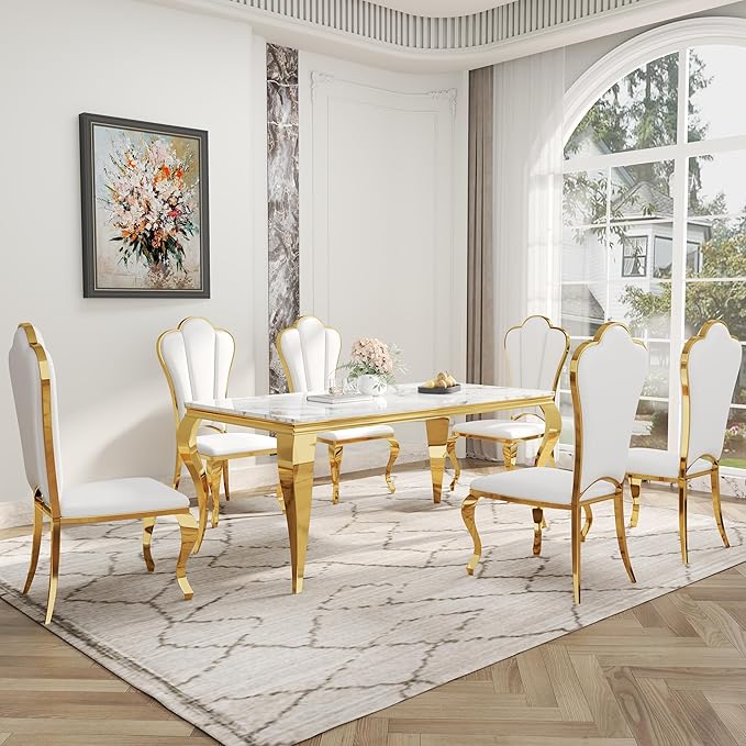 Dining Table Set for 6, 7-Piece Kitchen Table Chairs Set, Modern Dining Room Set with 70'' Marble Dinner Table and 6 Petaloid Backrest Upholstered Chairs for Kitchen, White & Gold