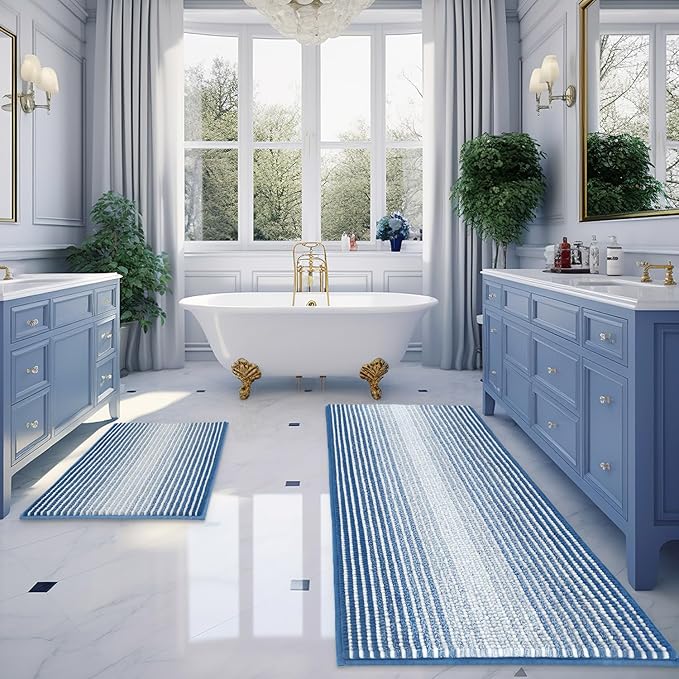 BSICPRO Bathroom Rugs and Mats Sets, 2 Piece Thick Absorbent Chenille Bath Mat Rug Set Non Slip, Soft Shaggy Bath Room Floor Mats for Bathroom, Machine Washable (Sky Blue, 24" x 70" Plus 20" x 32")