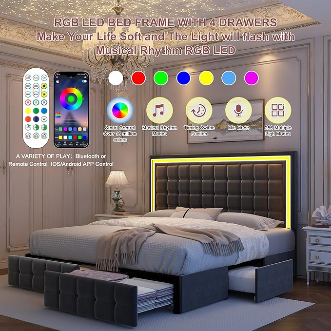 Full Bed Frame with LED Lighting and Storage Drawers, No Box Spring Needed, Supports 900 lbs, Easy Assembly, Quiet and Sturdy Design, Velvet Gray