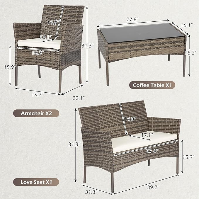 FDW | 4-Piece Patio Furniture Set | Gray & Khakhi | Outdoor Wicker Furniture with Coffee Table | Modern Rattan Chairs Conversation Set | Outdoor Seating | Weather-Resistant | for Porch, Garden, Lawn